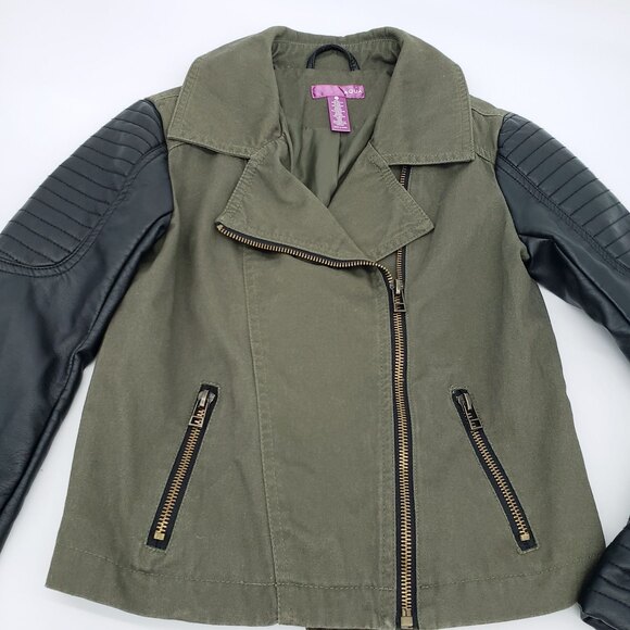 Aqua Bloomingdales Moto Jacket Size S Black Faux Leather Sleeves Army Green - Picture 3 of 8
